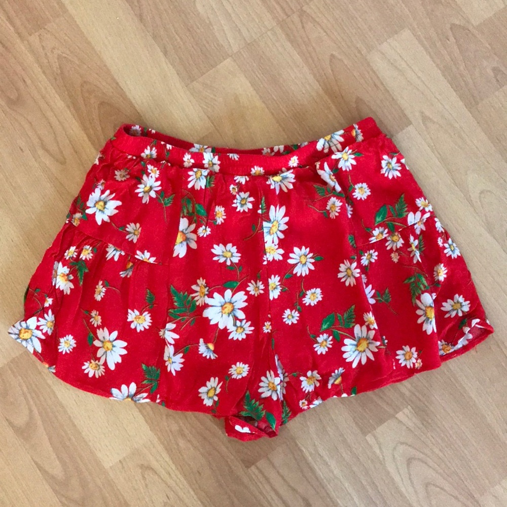 Red floral flowy shorts
